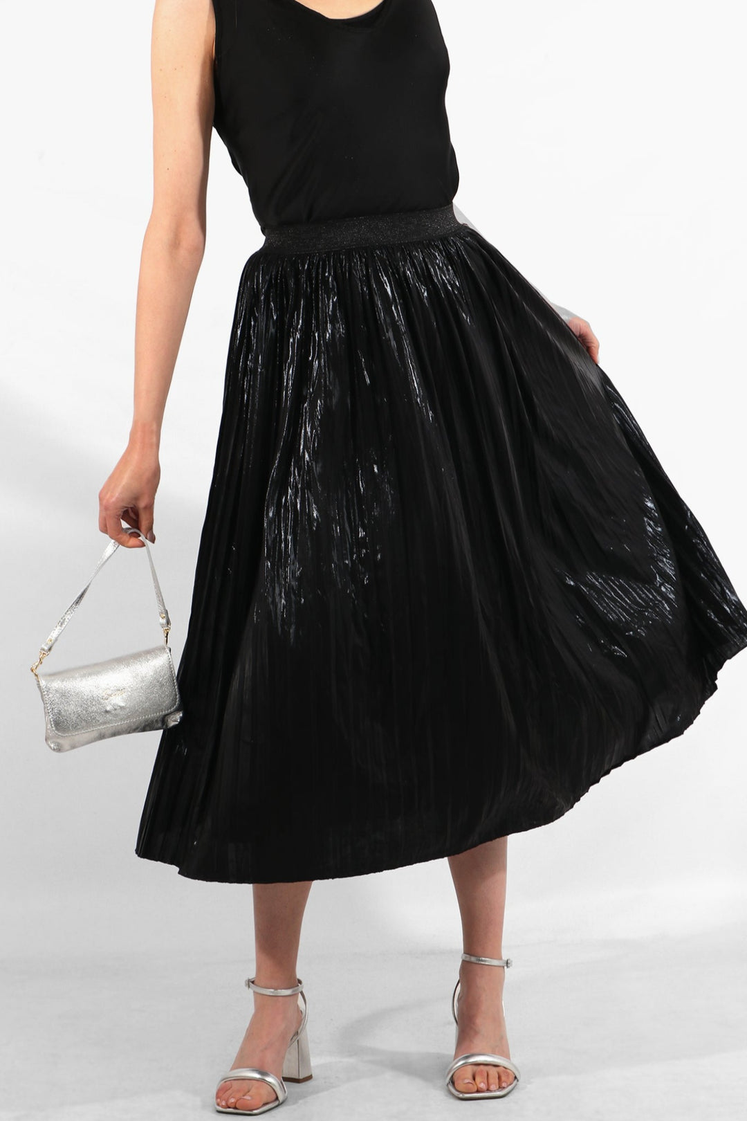 Black Foil Pleated Skirt with Glitter Waistband