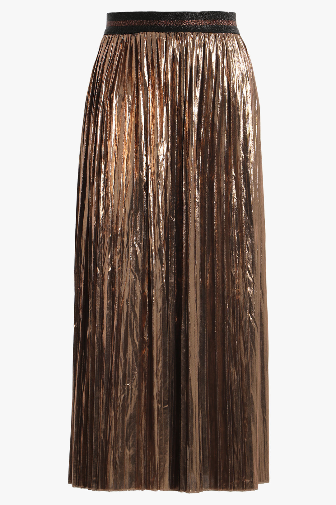 Bronze Foil Pleated Skirt with Glitter Stripe Waistband
