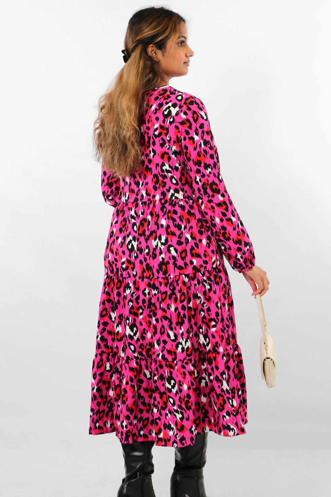 Fuchsia grote klassieke gelaagde jurk met luipaardprint