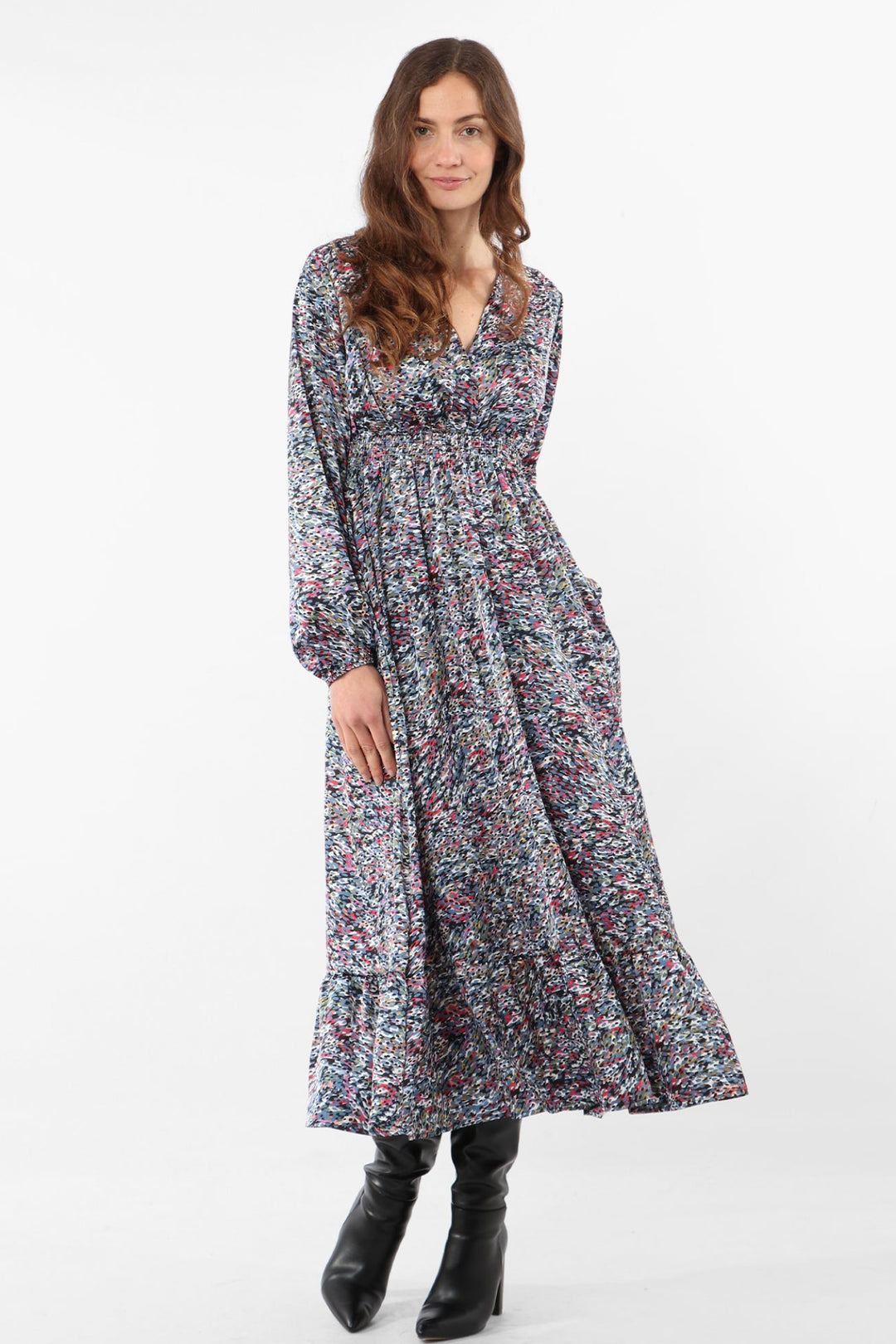 Grey Blue Abstract Spot Maxi Dress with Shirring