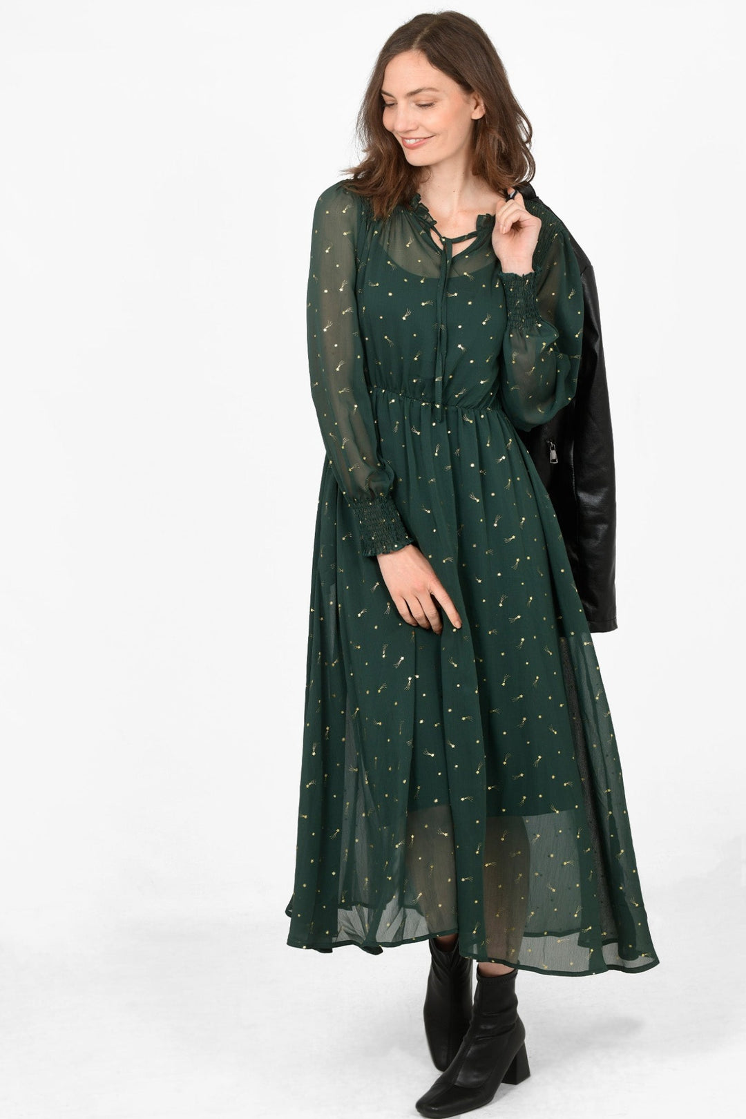 Shirred Shoulder Chiffon Midi Dress - Green, Shooting Stars