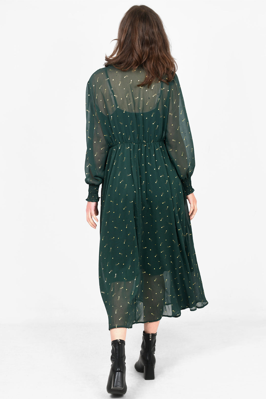 Shirred Shoulder Chiffon Midi Dress - Green, Shooting Stars