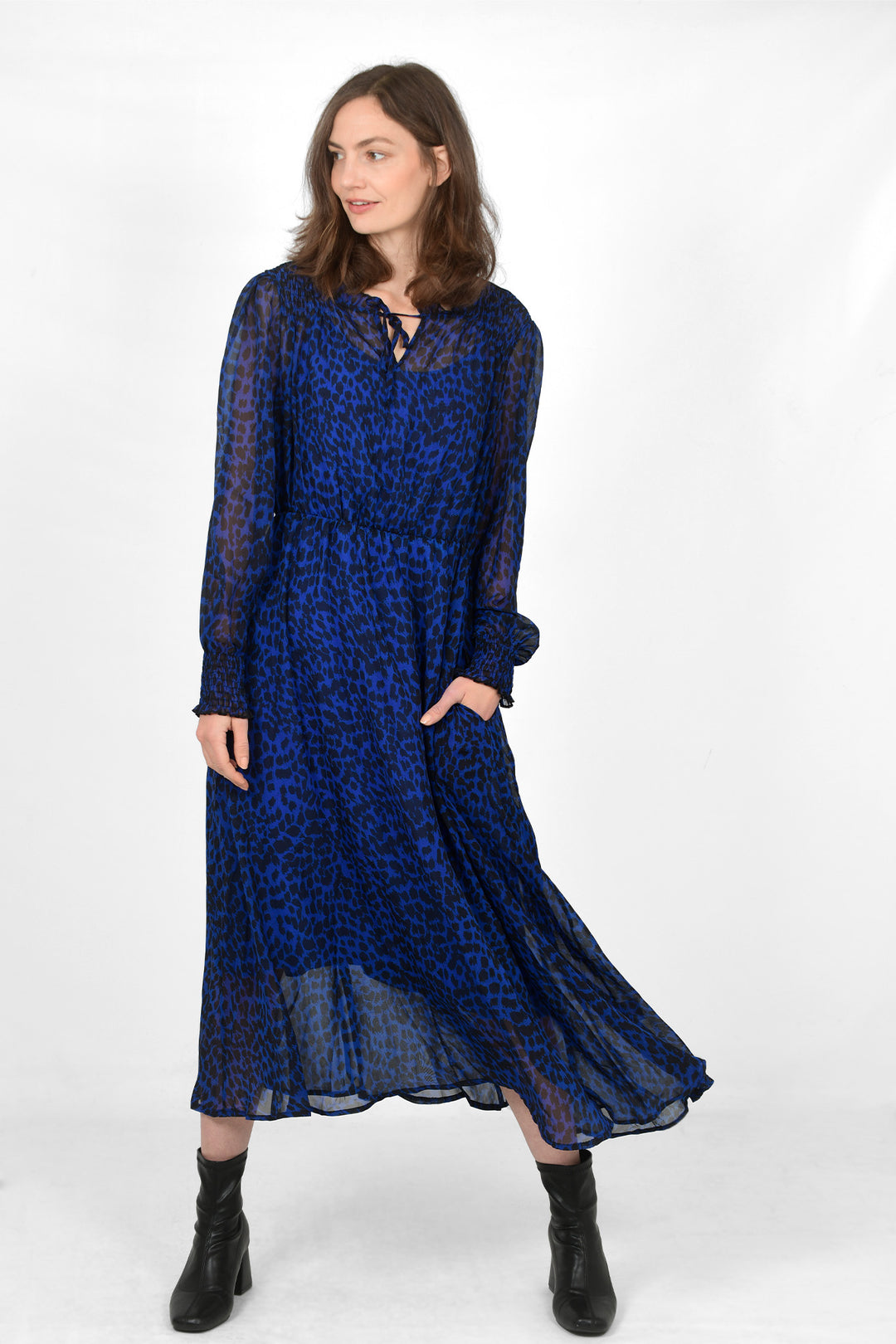 Blue Animal Spot Shirred Shoulder Midi Dress