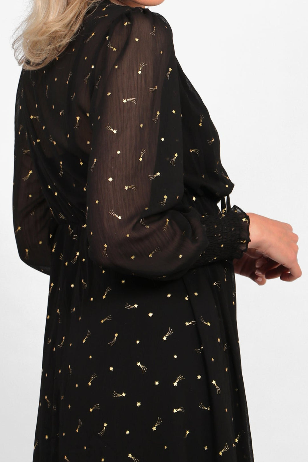 Black Shooting Star Print Shirred Shoulder Midi Dress