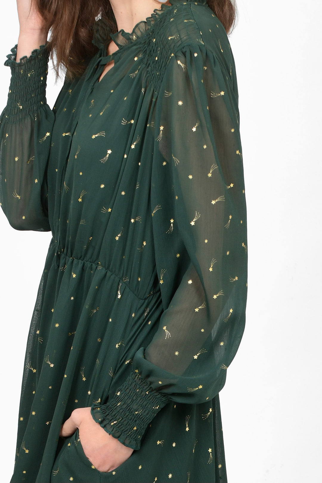 Shirred Shoulder Chiffon Midi Dress - Green, Shooting Stars