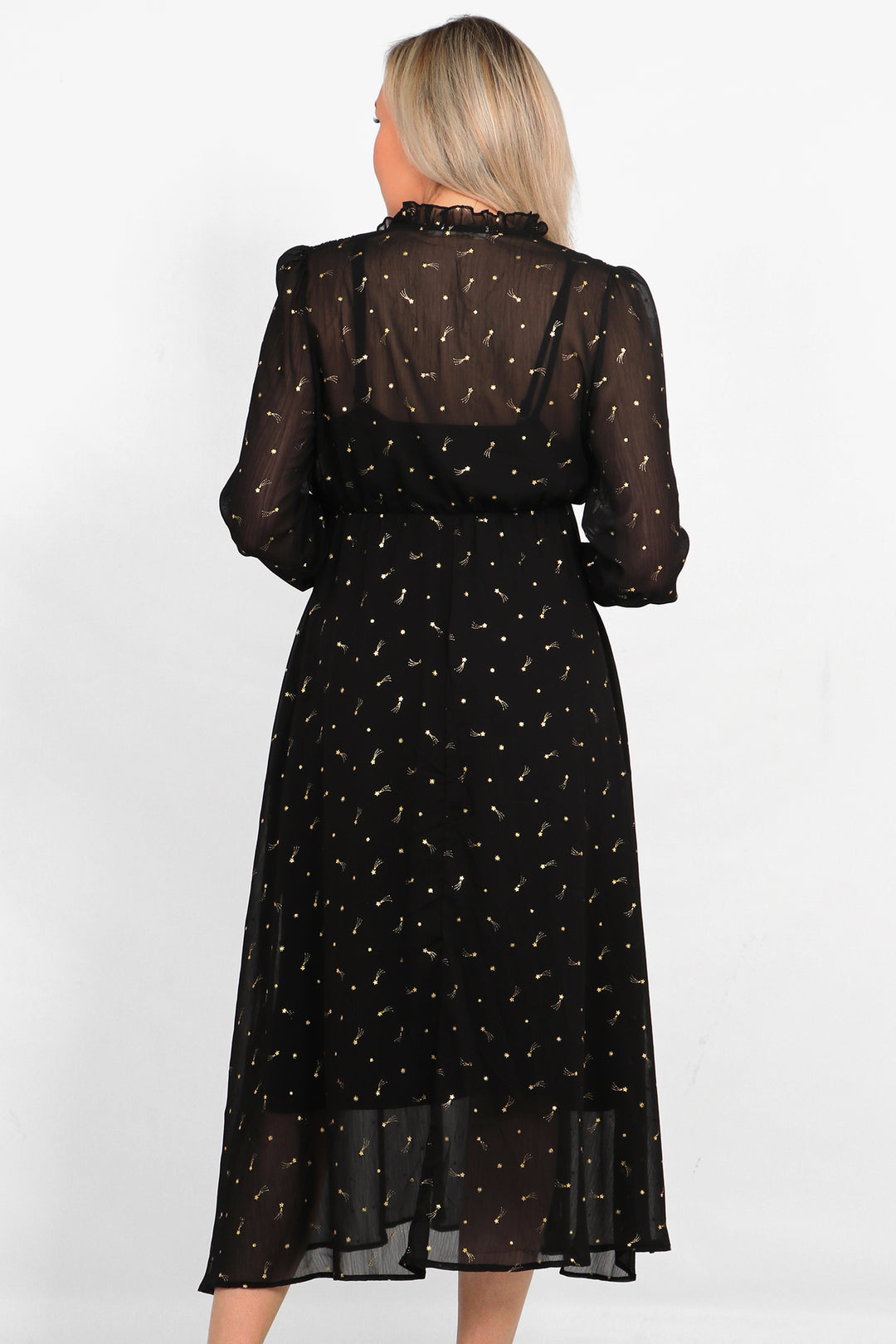 Black Shooting Star Print Shirred Shoulder Midi Dress