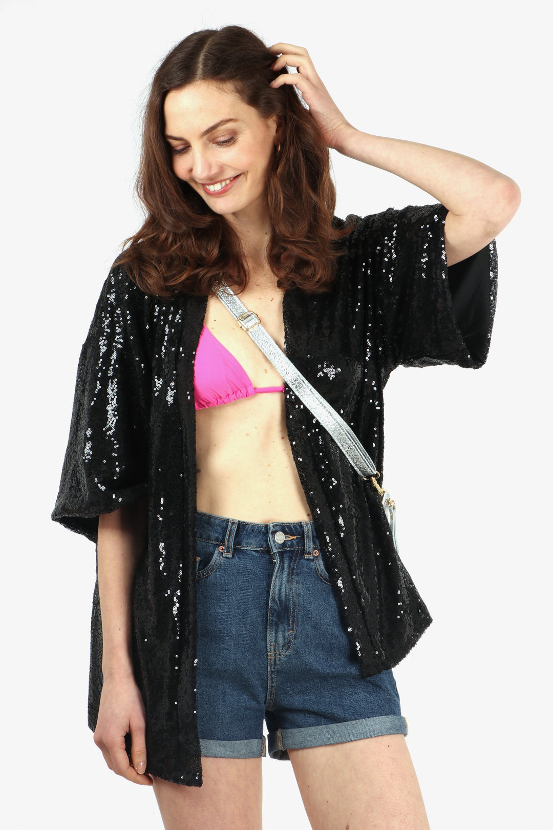 open front kimono top with all over black sparkly sequin