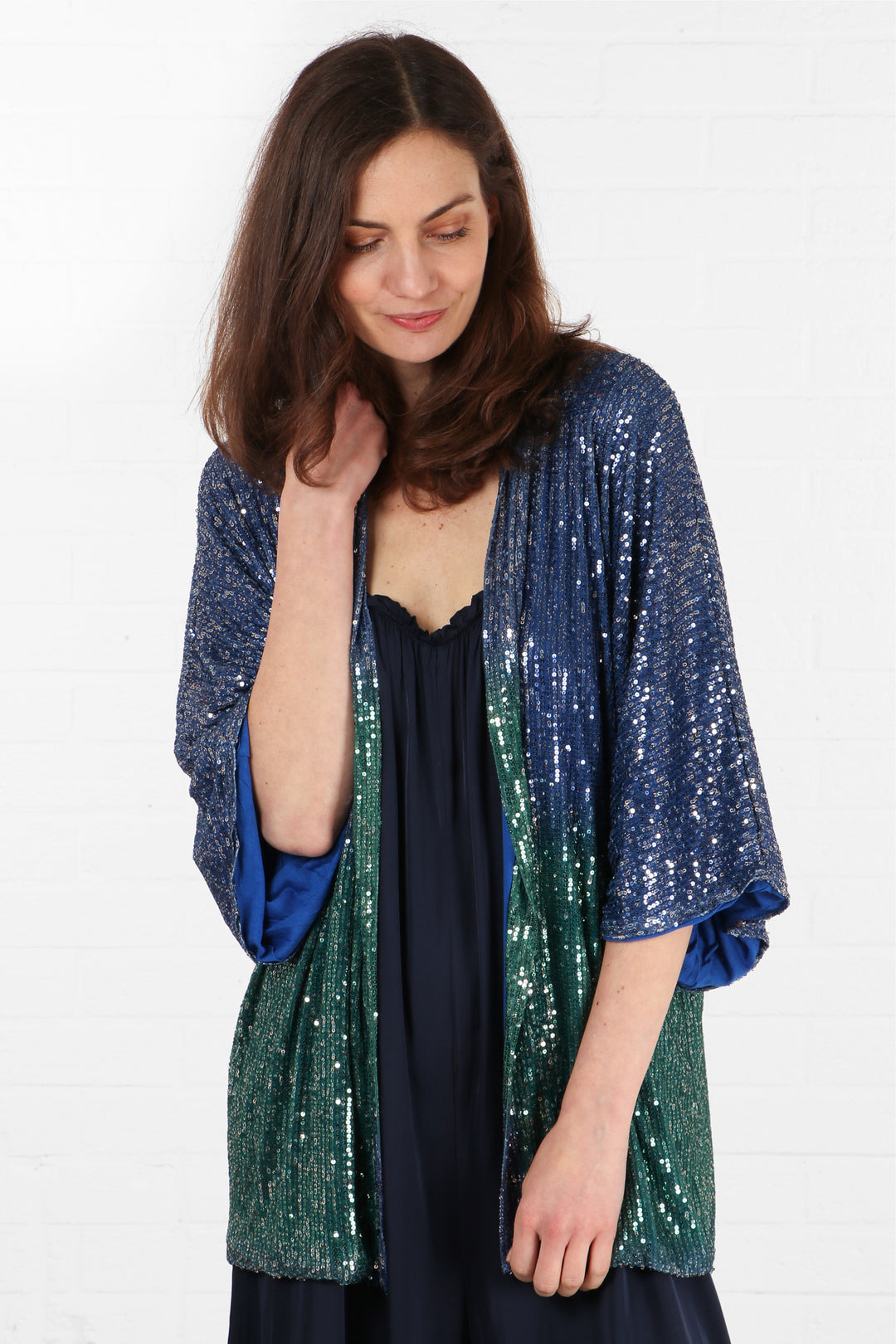 open front kimono jacket with 3/4 sleeves and an all over sparkly sequin effect