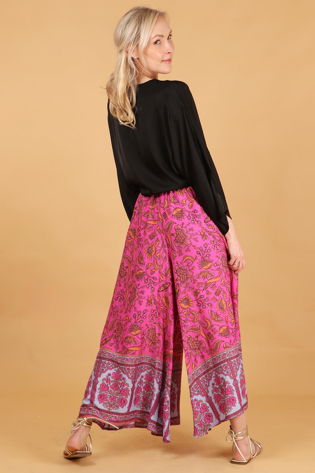 Vintage Floral & Butterfly Print Wide Leg Palazzo Pants in Hot Pink