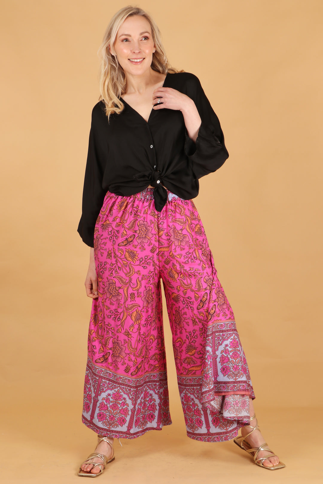 Vintage Floral & Butterfly Print Wide Leg Palazzo Pants in Hot Pink