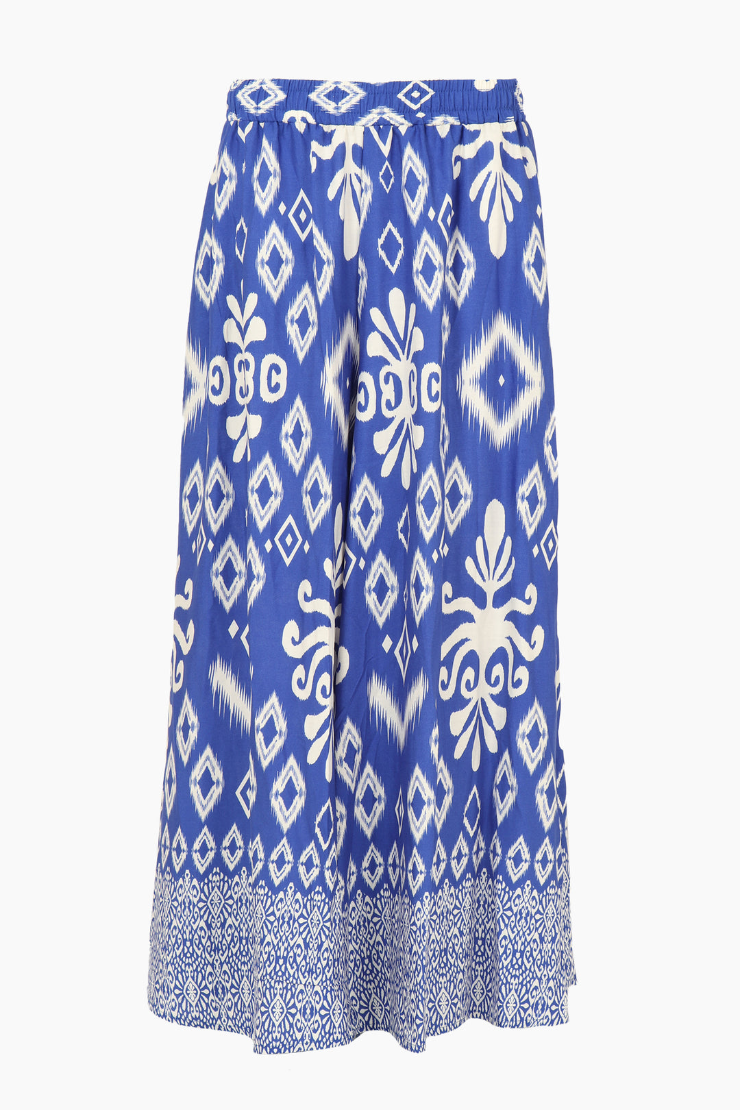 blue and white ikat pattern summer palazzo trousers