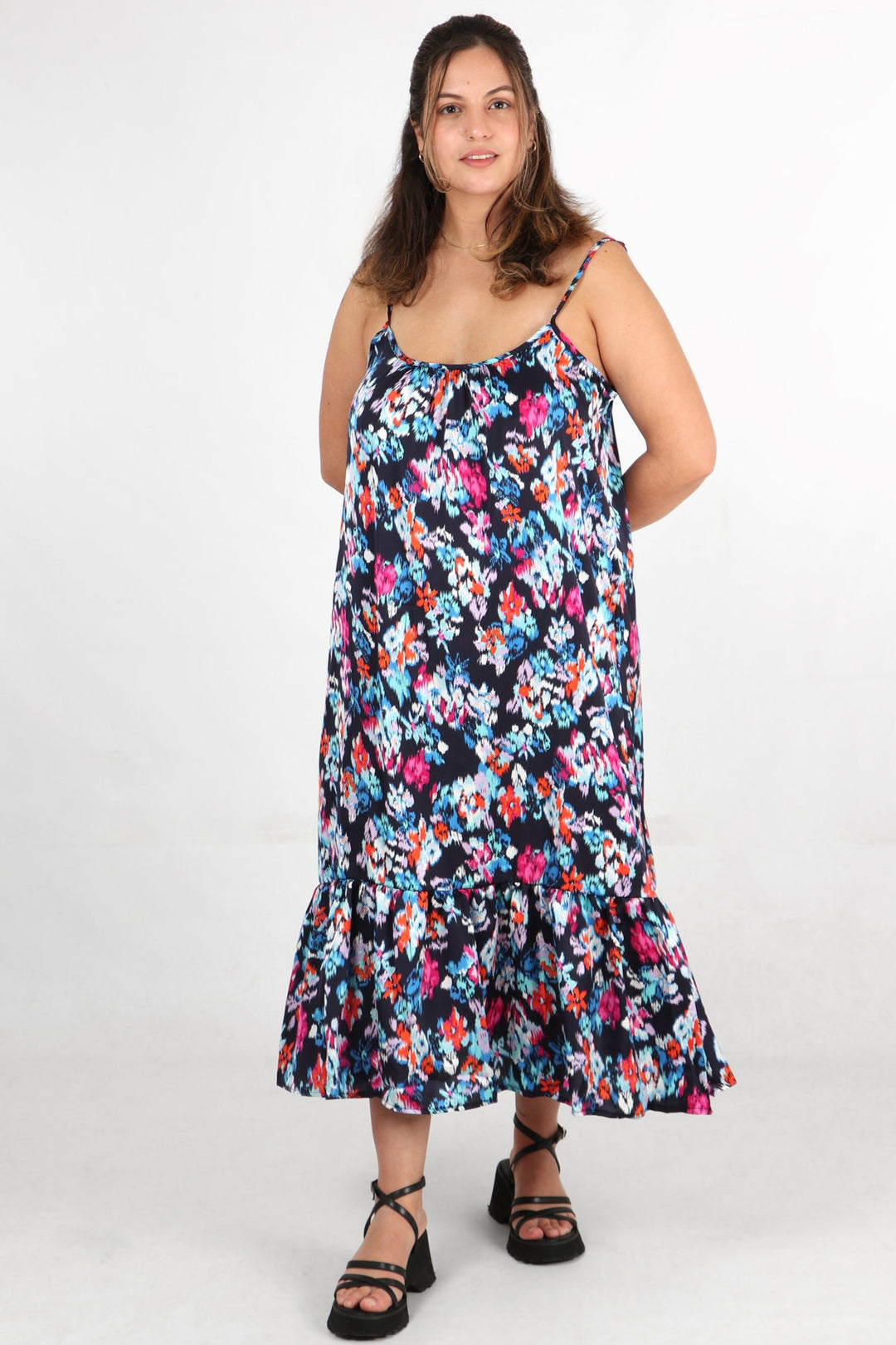 Erica Slip Dress- Navy Blue, Watercolour Floral