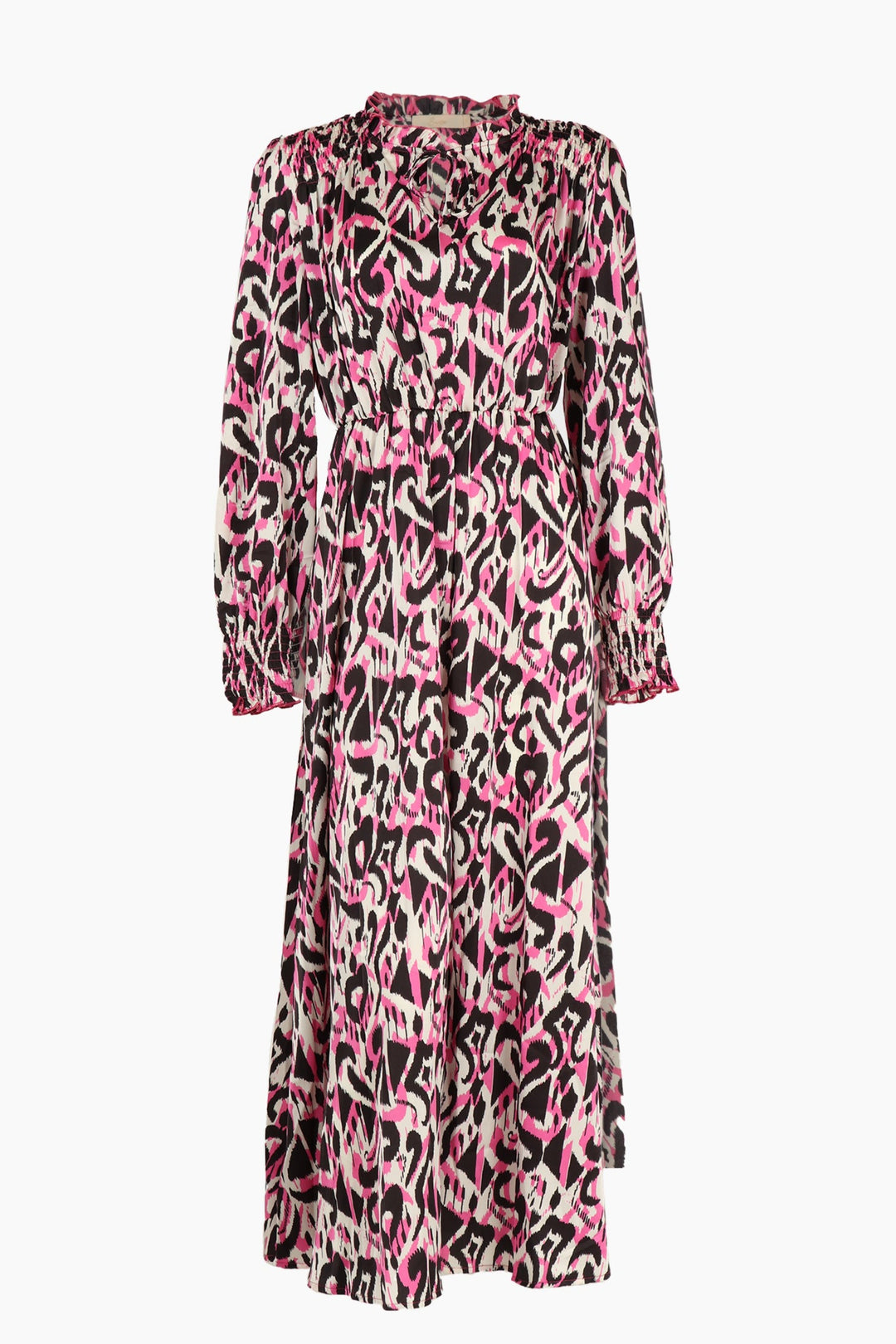 pink and black midi shirred shoulder dress in an abstract pink, white and black ikat pattern