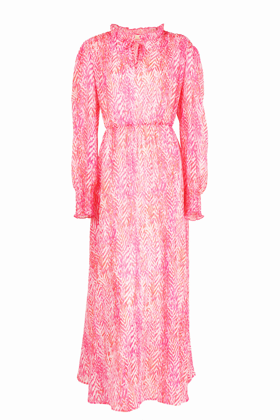 pink chevron midi dress with long sleeves and a neck tie