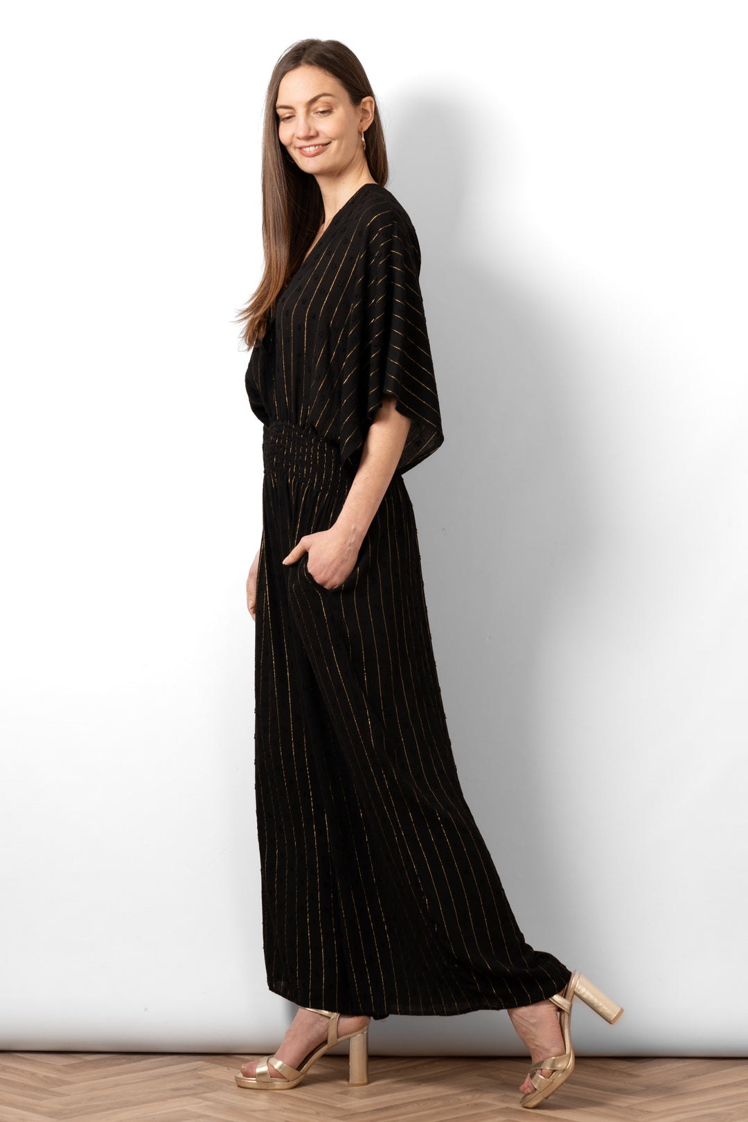 Lyra Deep V-neck Jumpsuit - Black, Metallic Stripe