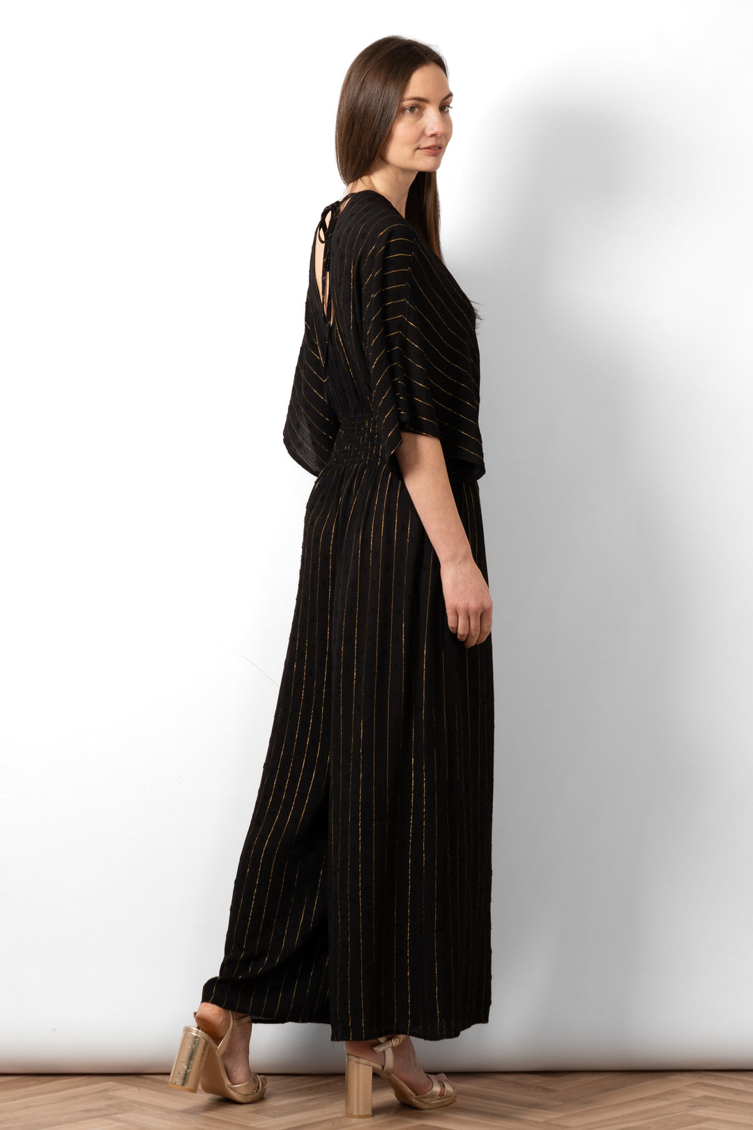 Lyra Deep V-neck Jumpsuit - Black, Metallic Stripe