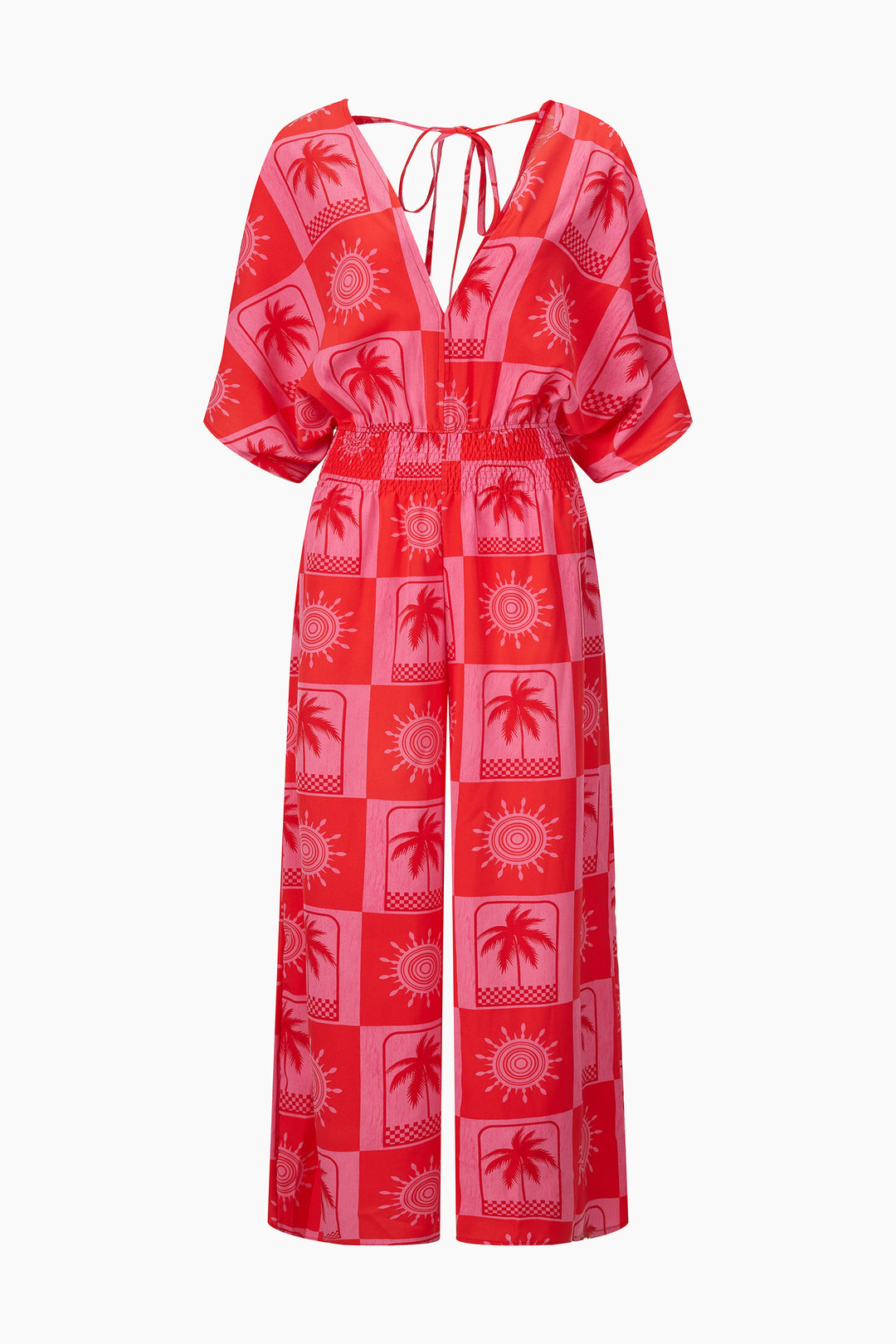 Palm-Tree-Checkerboard-V-Neck-Jumpsuit-in-Hot-Pink-Front
