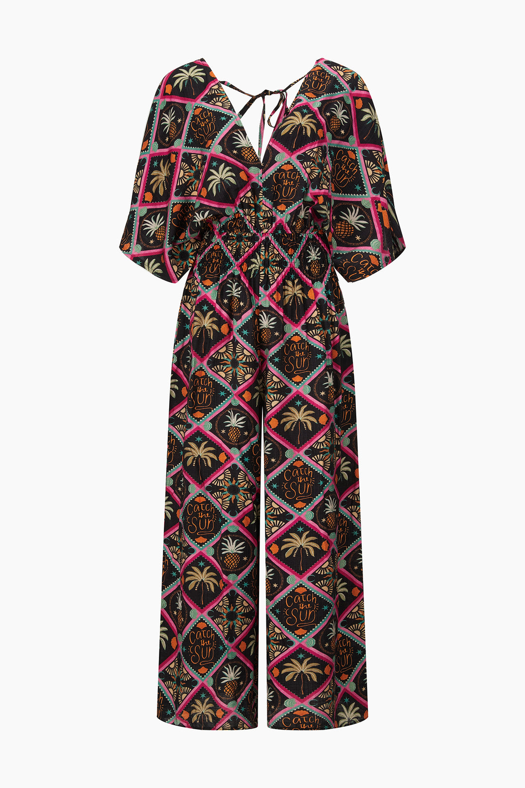 Pineapple-Print-V-Neck-Jumpsuit-in-Black-Front