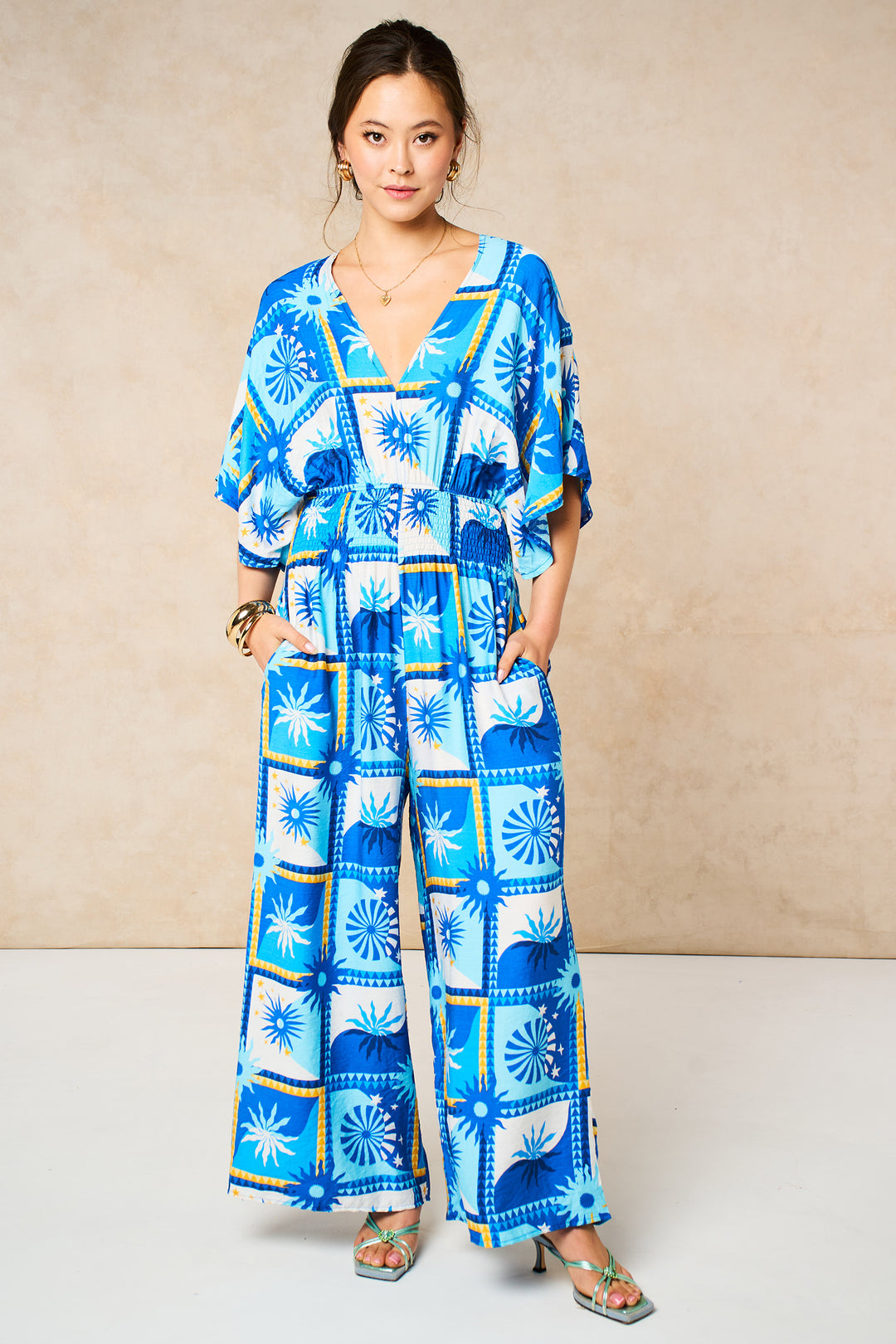 Sun-Checkerboard-V-Neck-Jumpsuit-in-Blue-Front