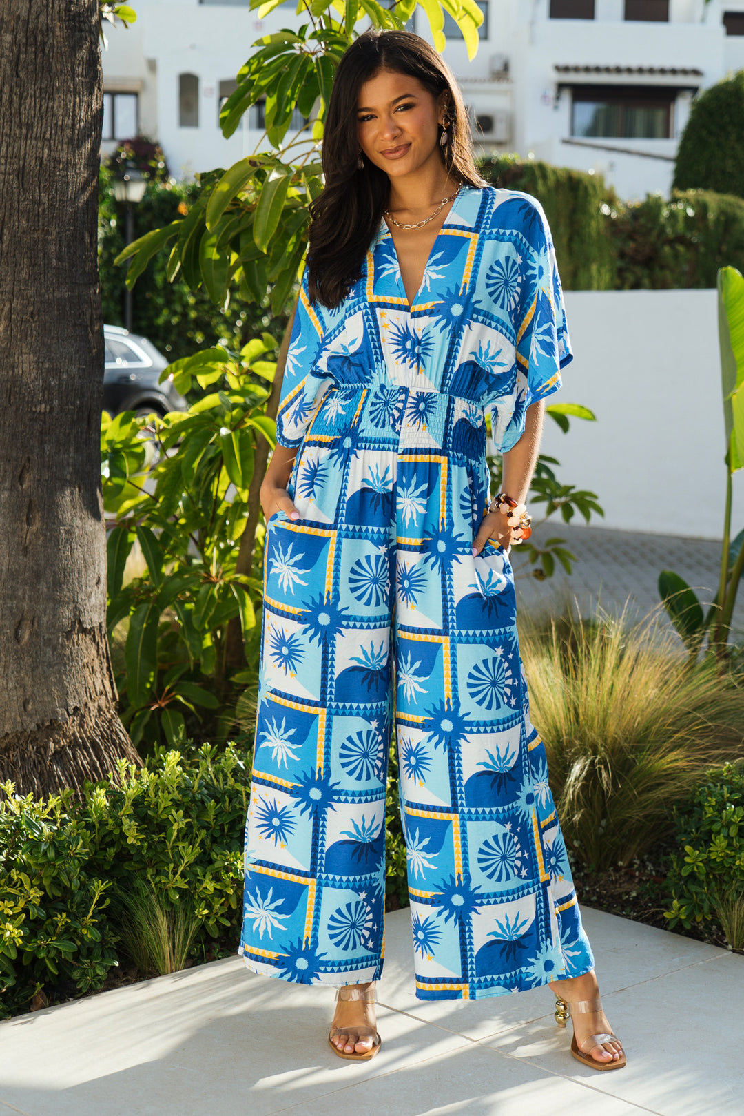 Sun-Checkerboard-V-Neck-Jumpsuit-in-Blue