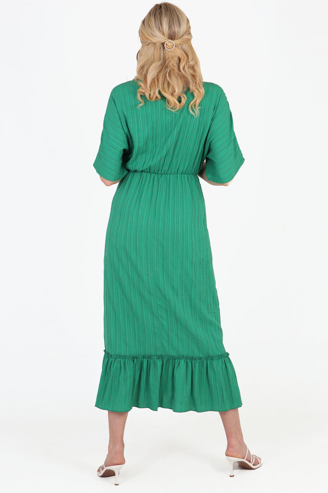 Gold Rope Trim V-Neck Midi Kaftan Dress in Green