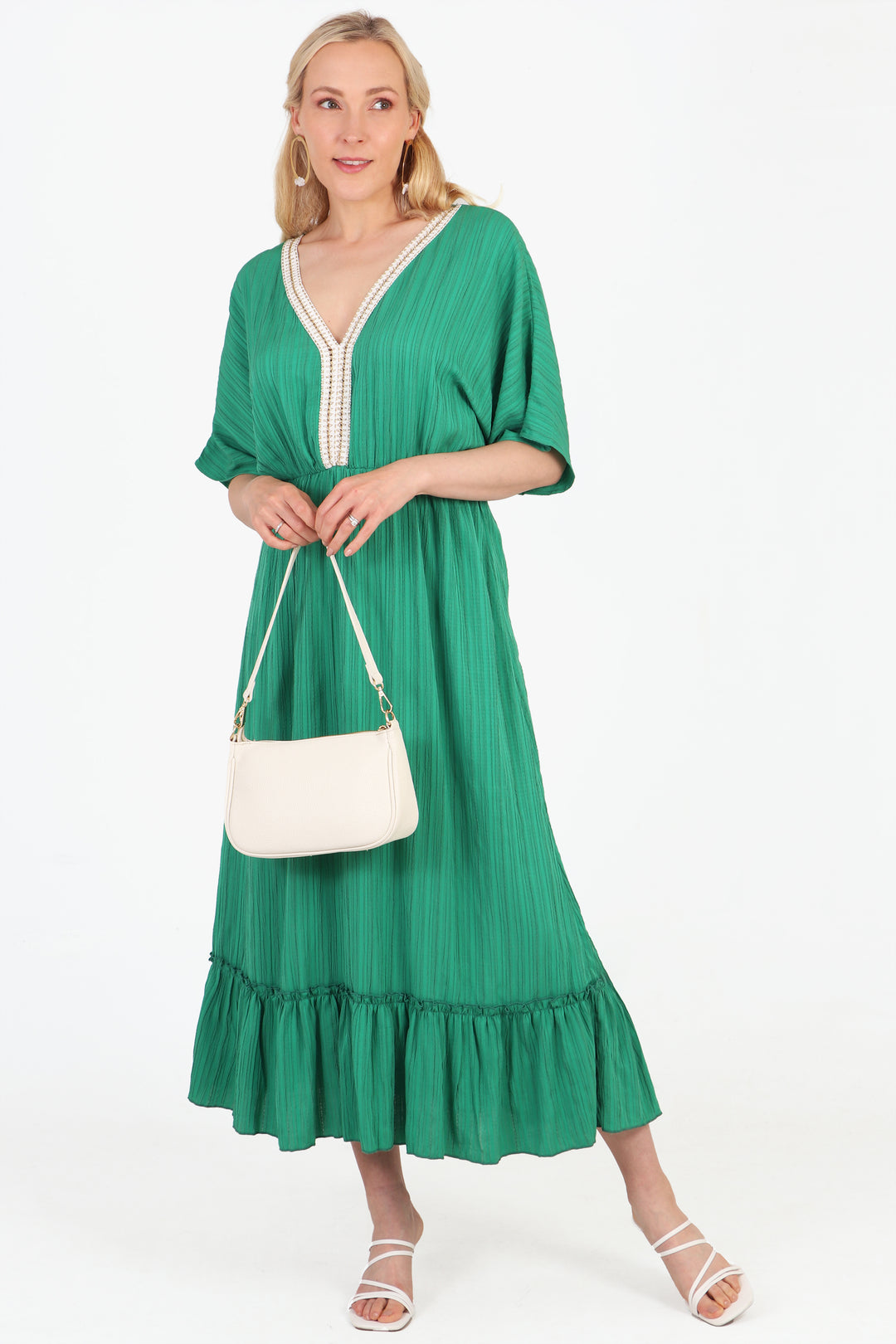 Gold Rope Trim V-Neck Midi Kaftan Dress in Green