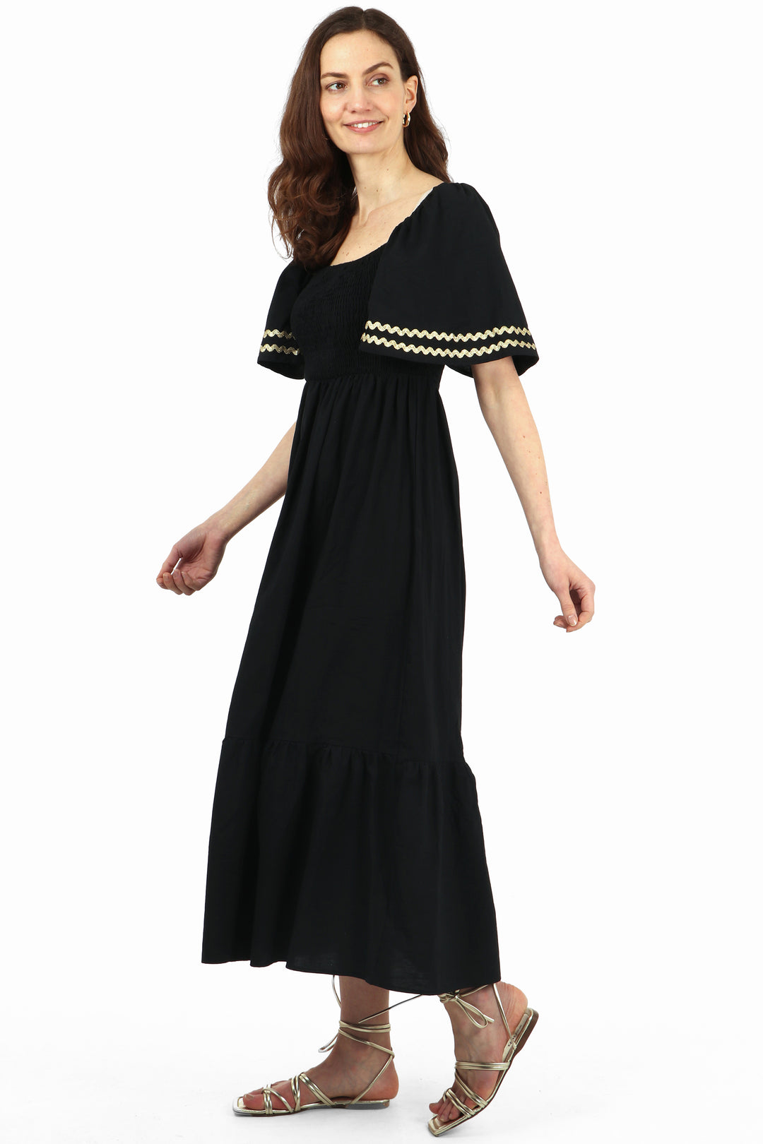 black maxi milkmaid dress with short bell sleeves and a shirred bodice