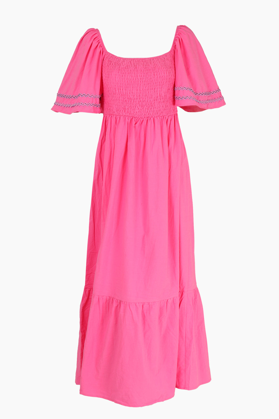 pink maxi milkmaid dress made from cotton, featuring a square neckline, short sleeves and a shirred bust section
