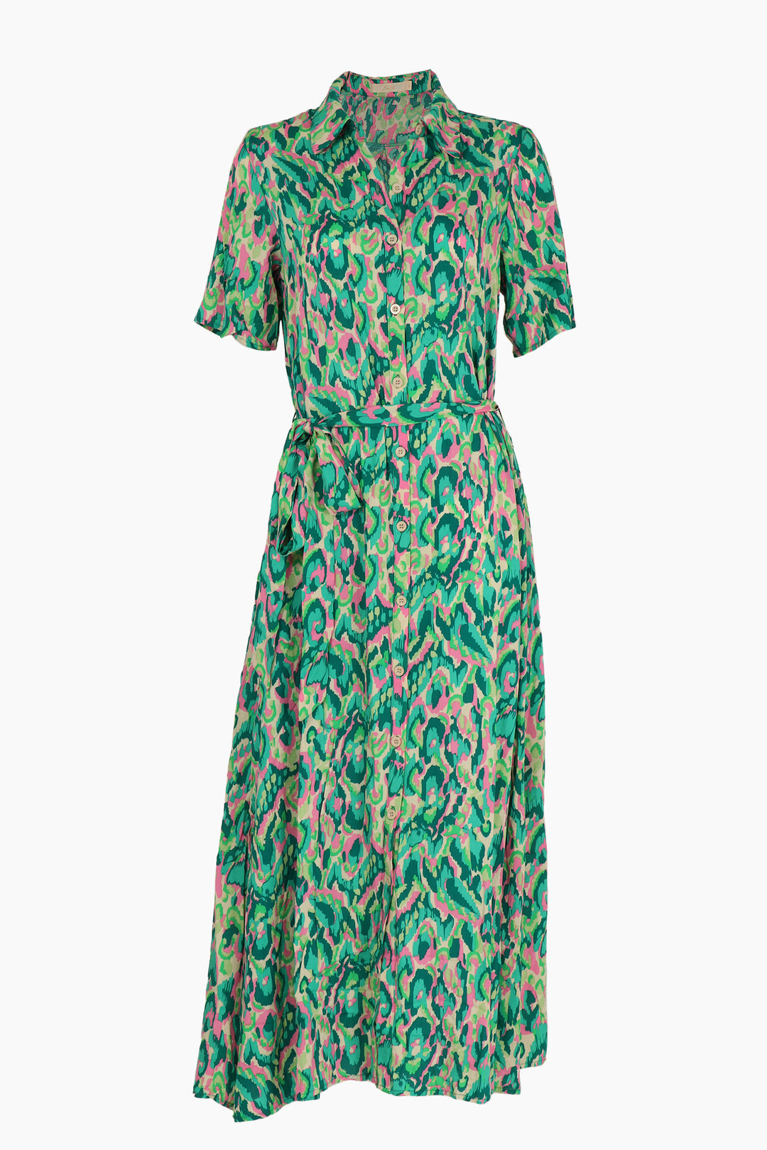 green midi length shirt dress with short sleeves, collar and waist belt