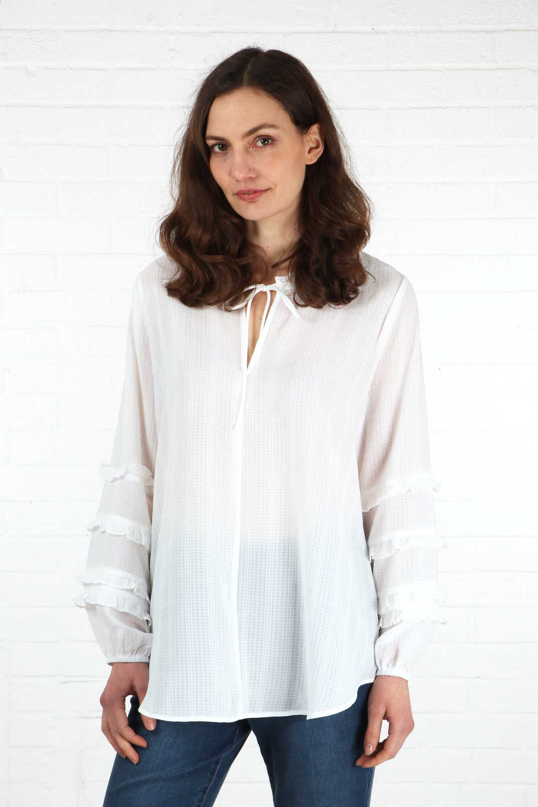 long sleeve white summer blouse with frill sleeves 