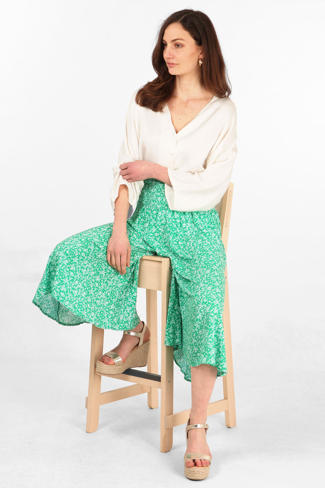 green ditsy floral wide leg culottes with high rise shirred waist