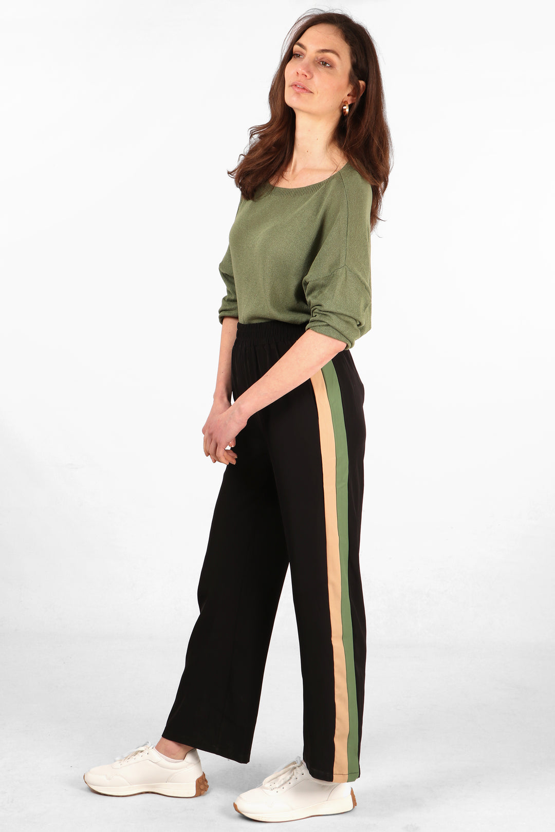 black wide leg casual trousers with khaki green and beige stripe on the side of each leg
