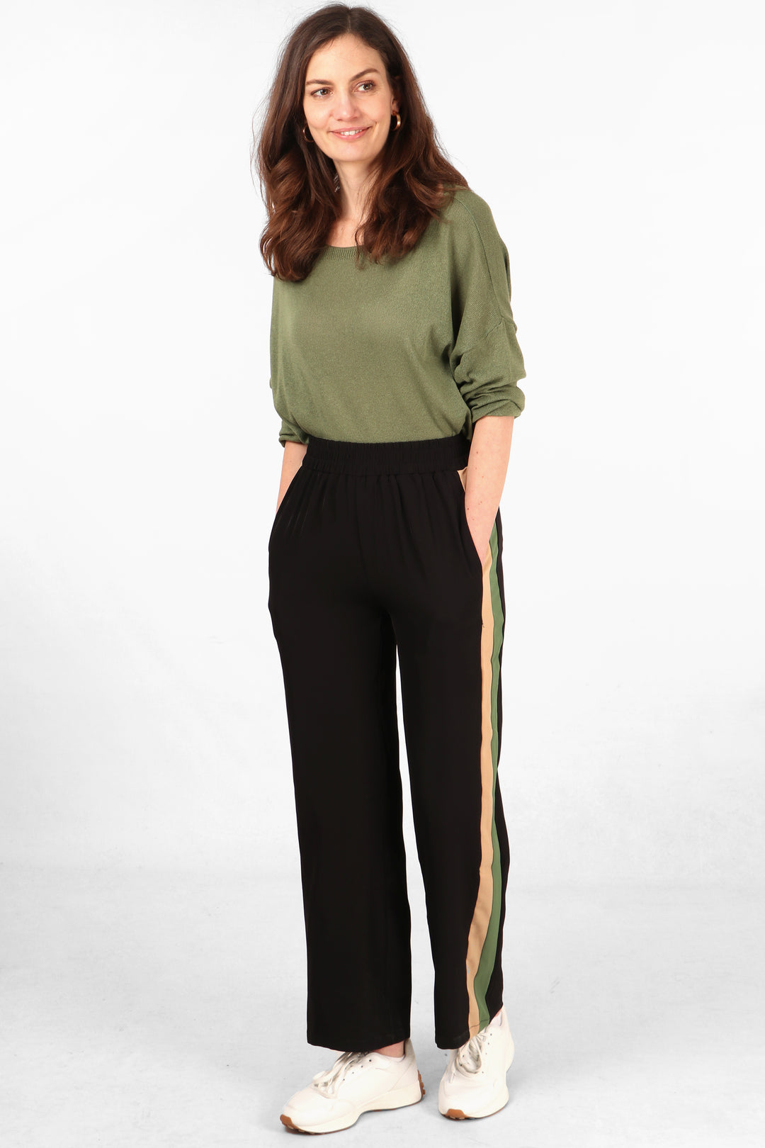 black casual trousers with pockets, elastcated waist and khaki and beige stripe on the leg
