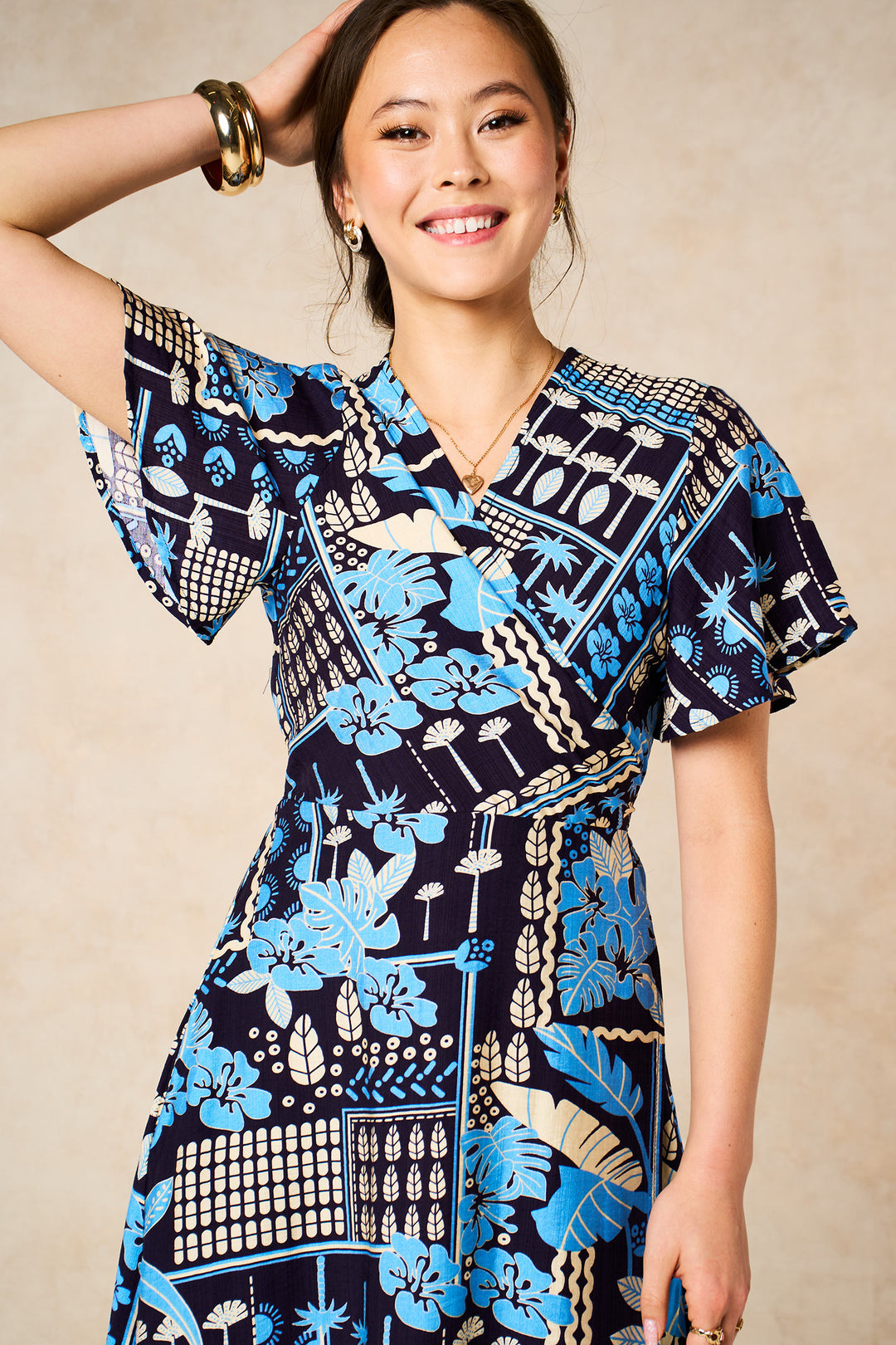 Tile Print Midaxi Wrap Dress in Navy Blue