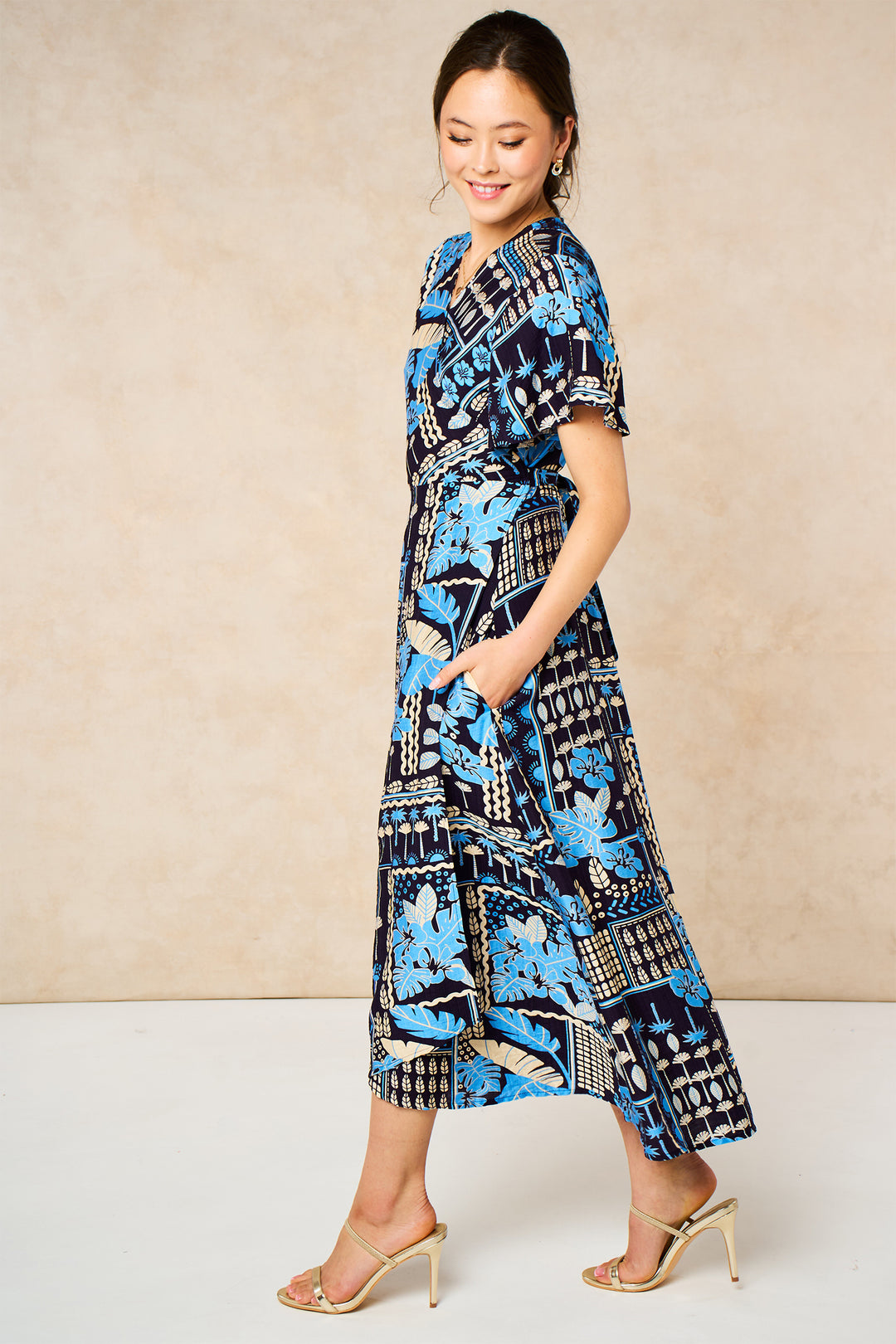 Tile Print Midaxi Wrap Dress in Navy Blue