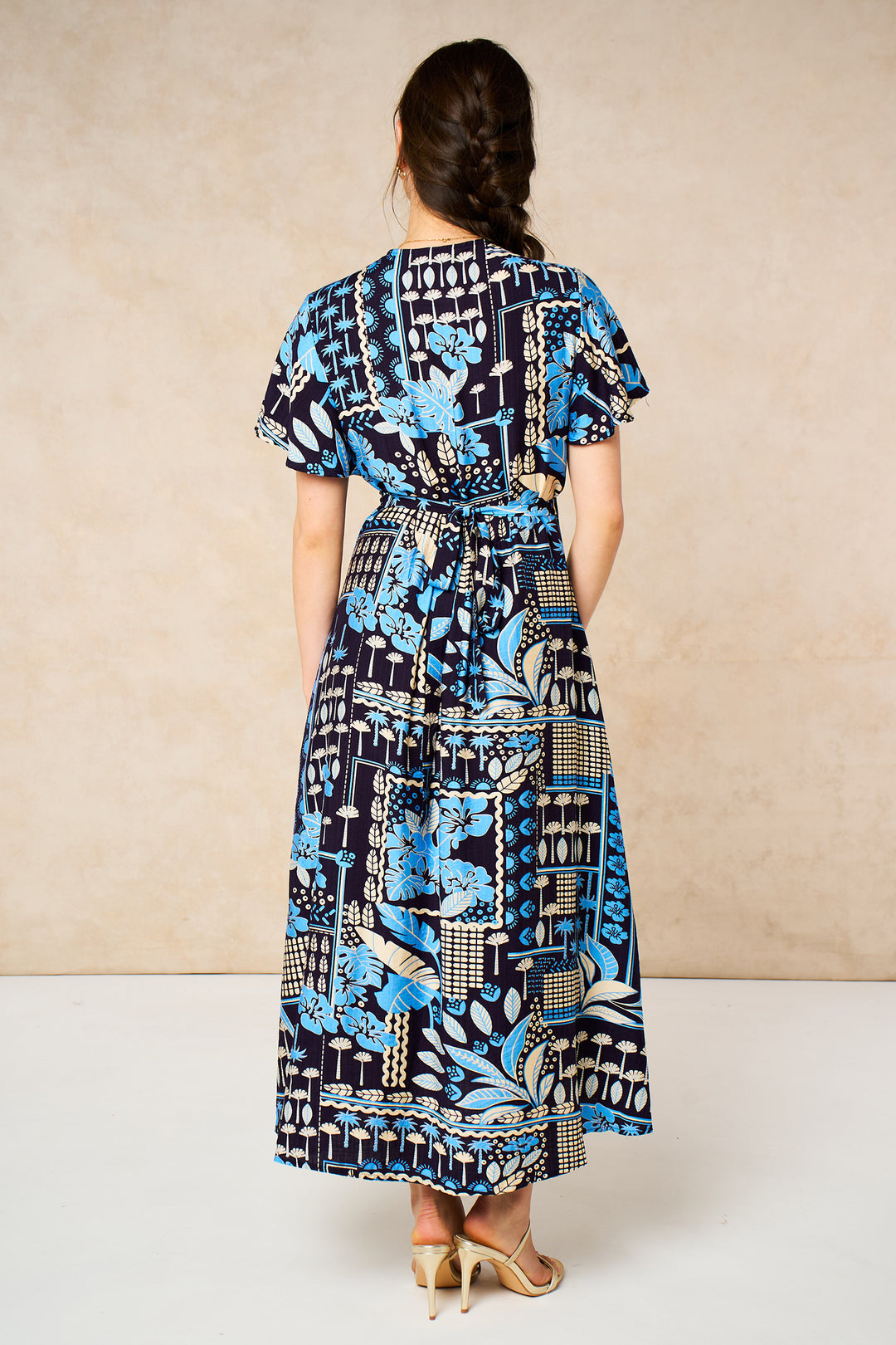 Tile Print Midaxi Wrap Dress in Navy Blue