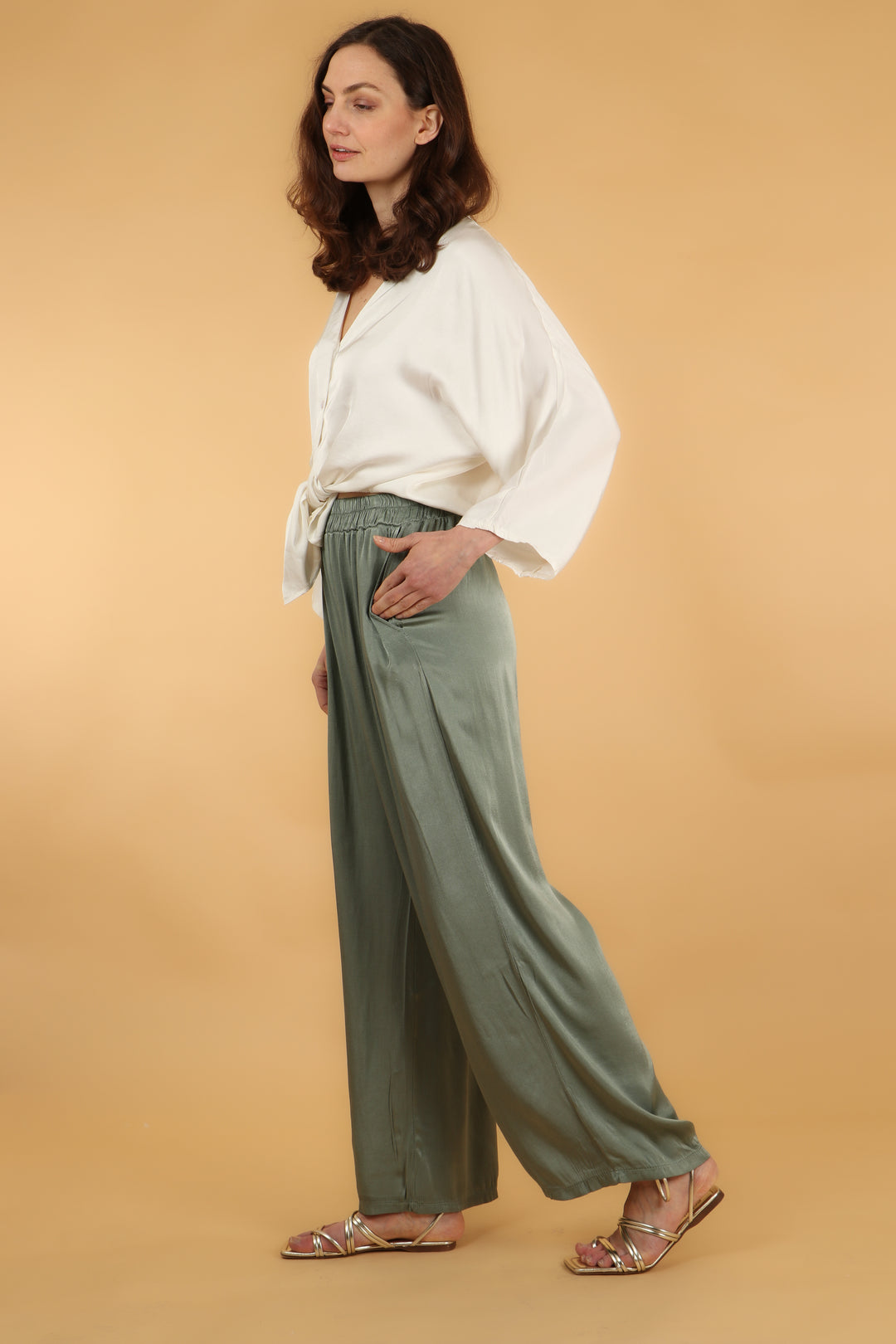 sage green silky long summer trousers with pockets