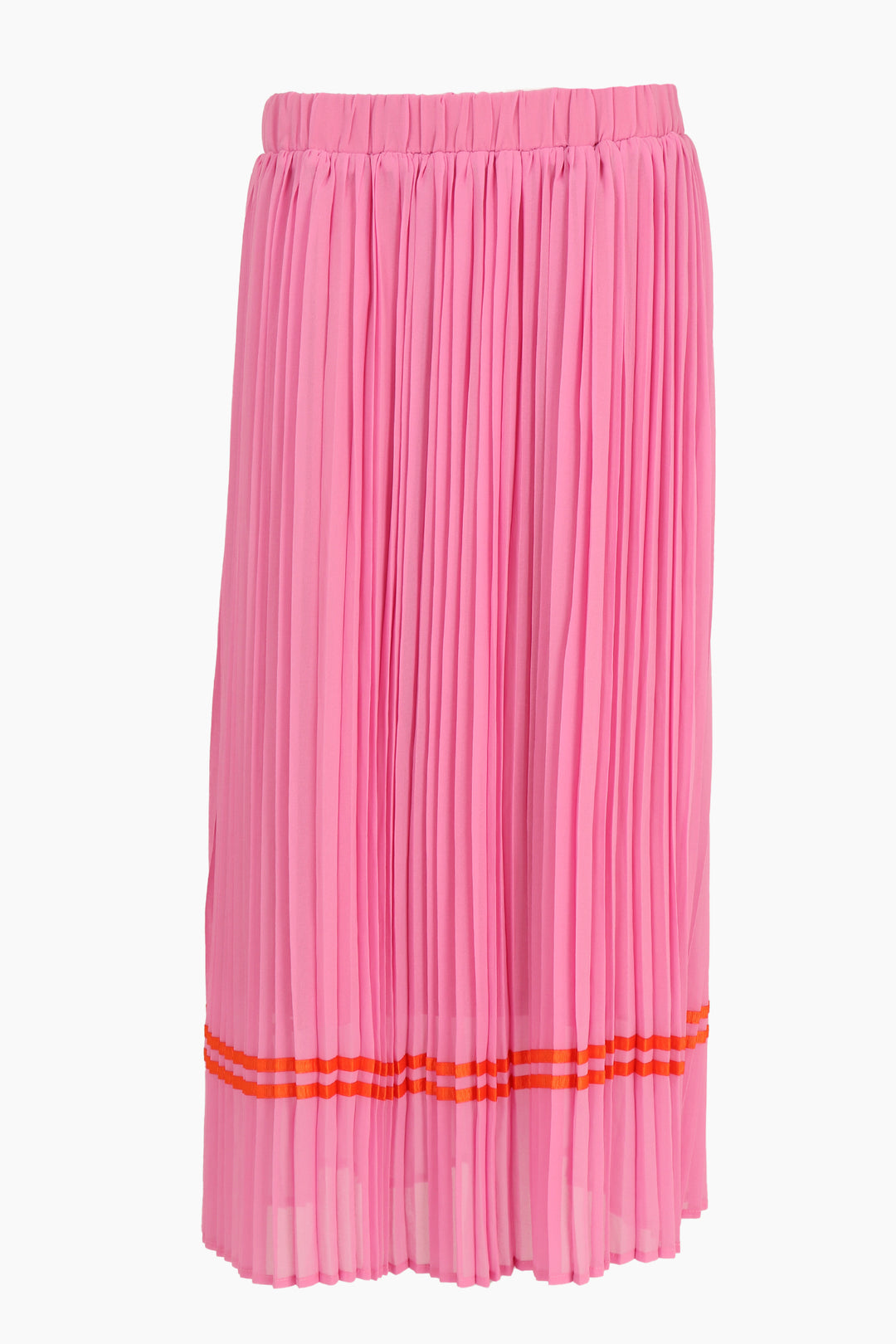 pink pleated midi skirt with elasticated waist and orange ribbon trim