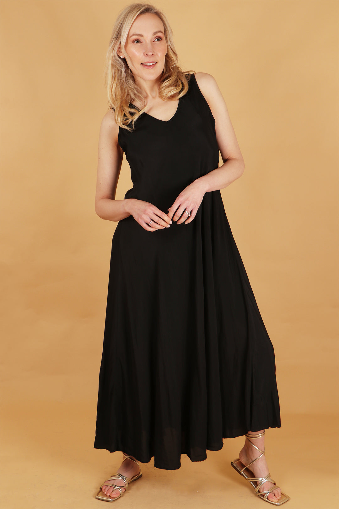 model wearing a plain black v neck maxi trapeze dress