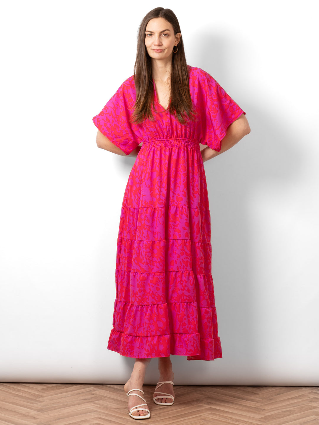 sienna-maxi-kaftan-dress-hot-pink-abstract-print-front-view-on-model