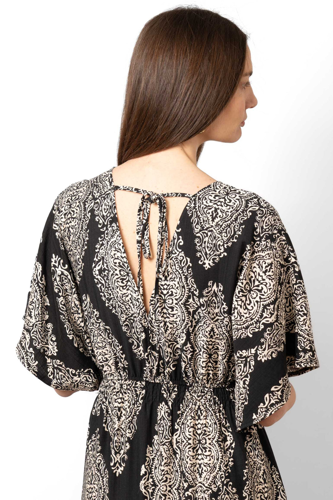 sienna-maxi-kaftan-dress-black-mandala-print-close-up-neck-tie