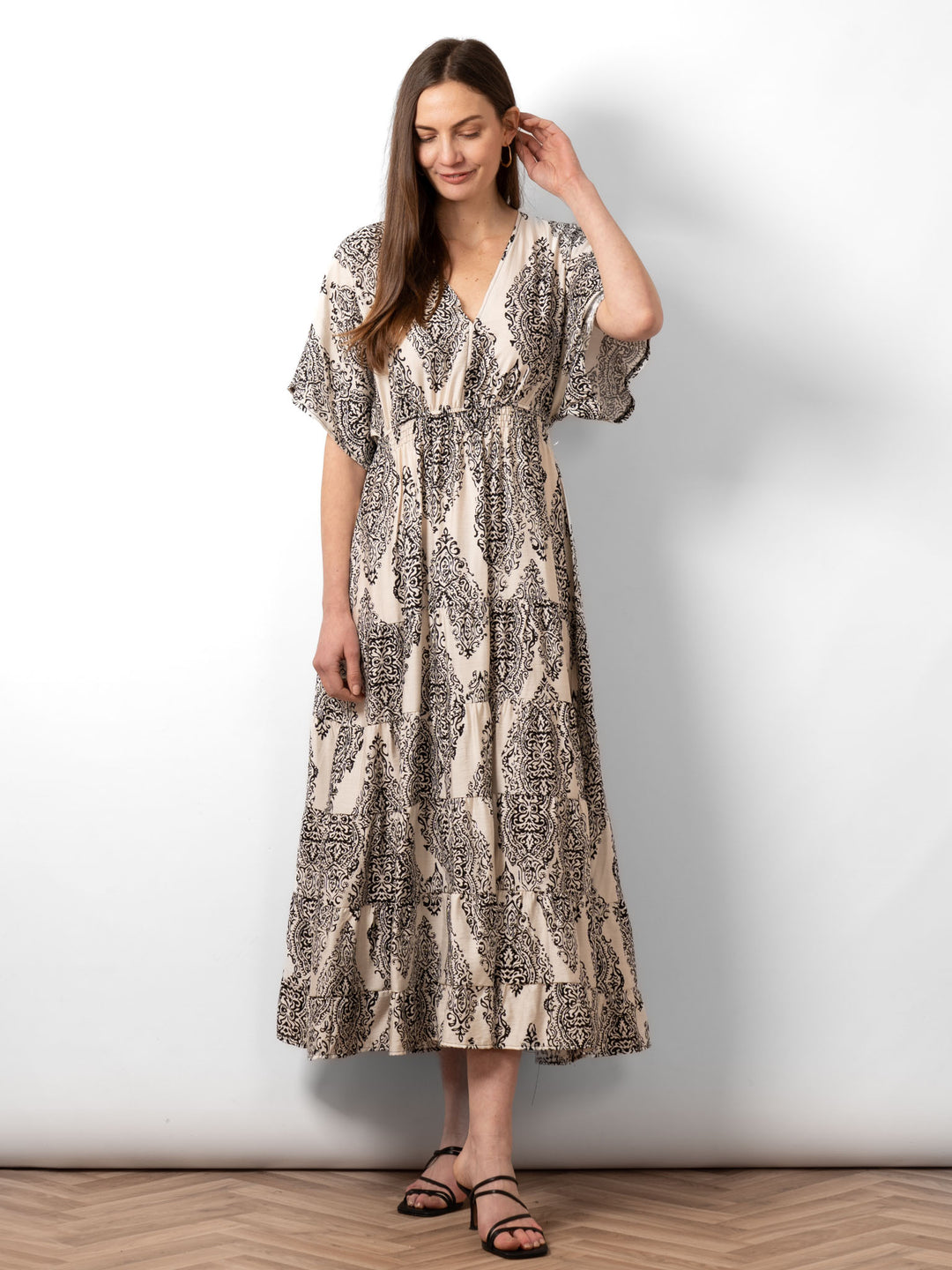 sienna-maxi-kaftan-dress-cream-mandala-print-front-view-model