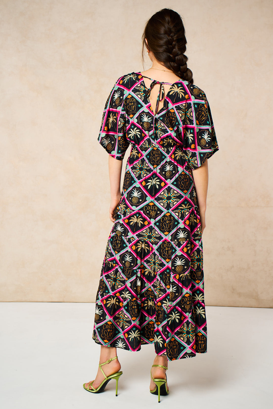 Pineapple-Print-Maxi-Kaftan-Dress-in-Black