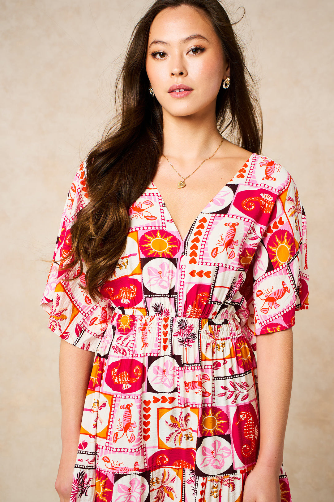 Postcard-Print-Maxi-Kaftan-Dress-in-Pink-close-up