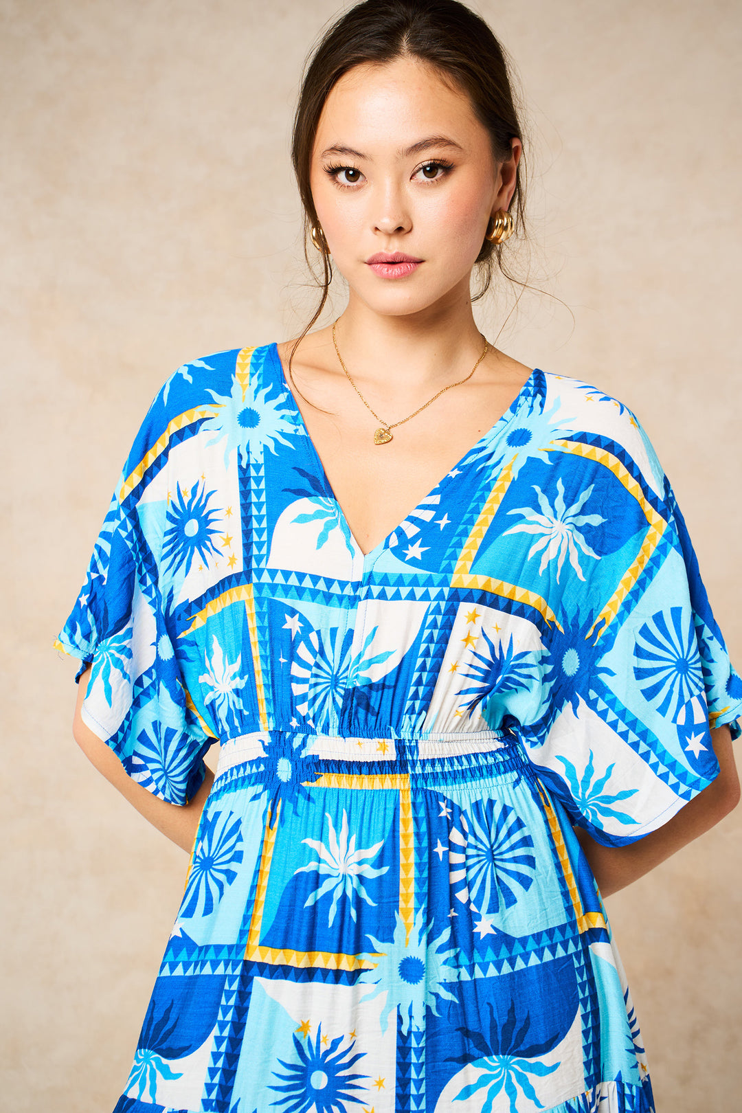 Sun-Checkerboard-Maxi-Kaftan-Dress-in-Blue-close-up