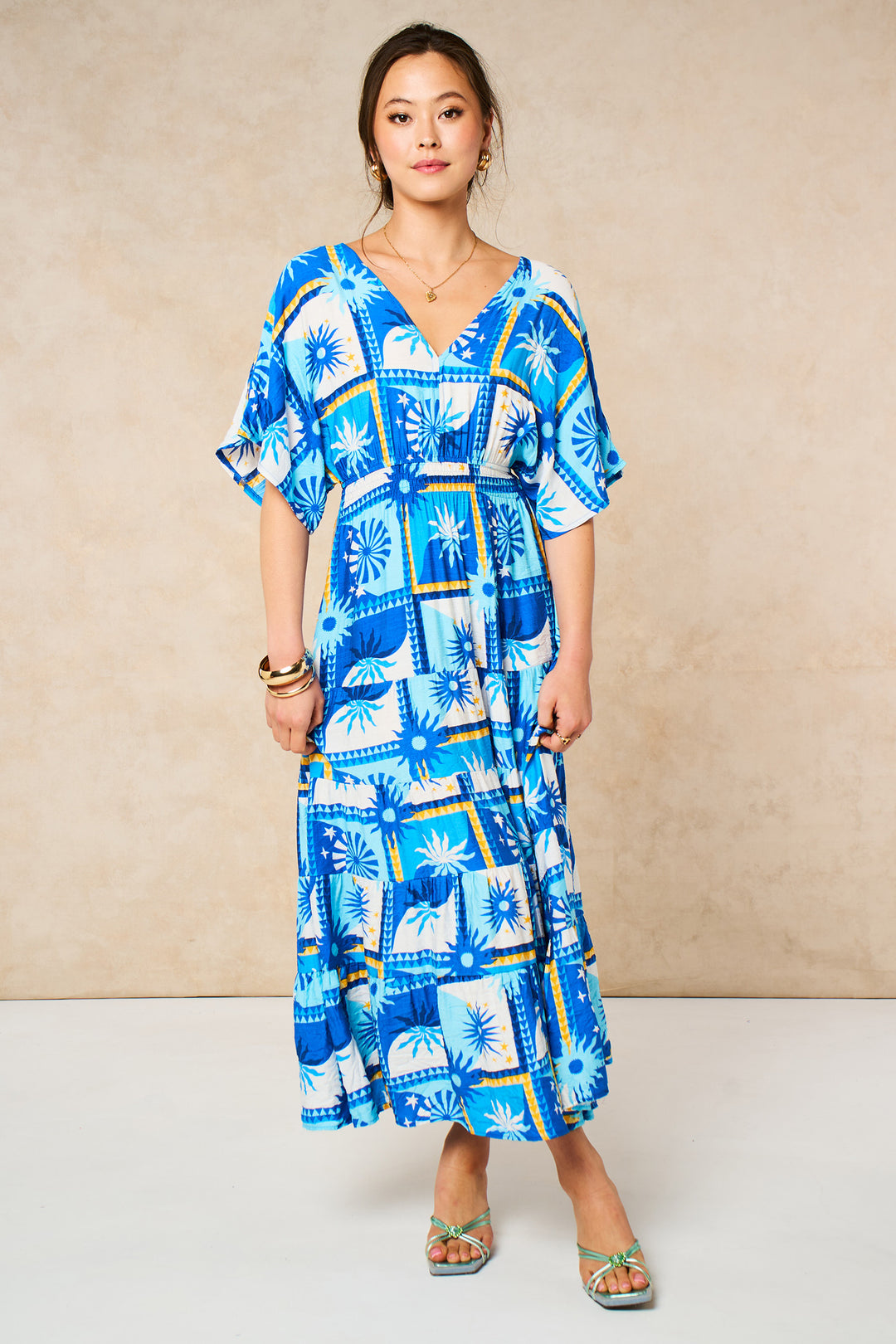 Sun-Checkerboard-Maxi-Kaftan-Dress-in-Blue-styled