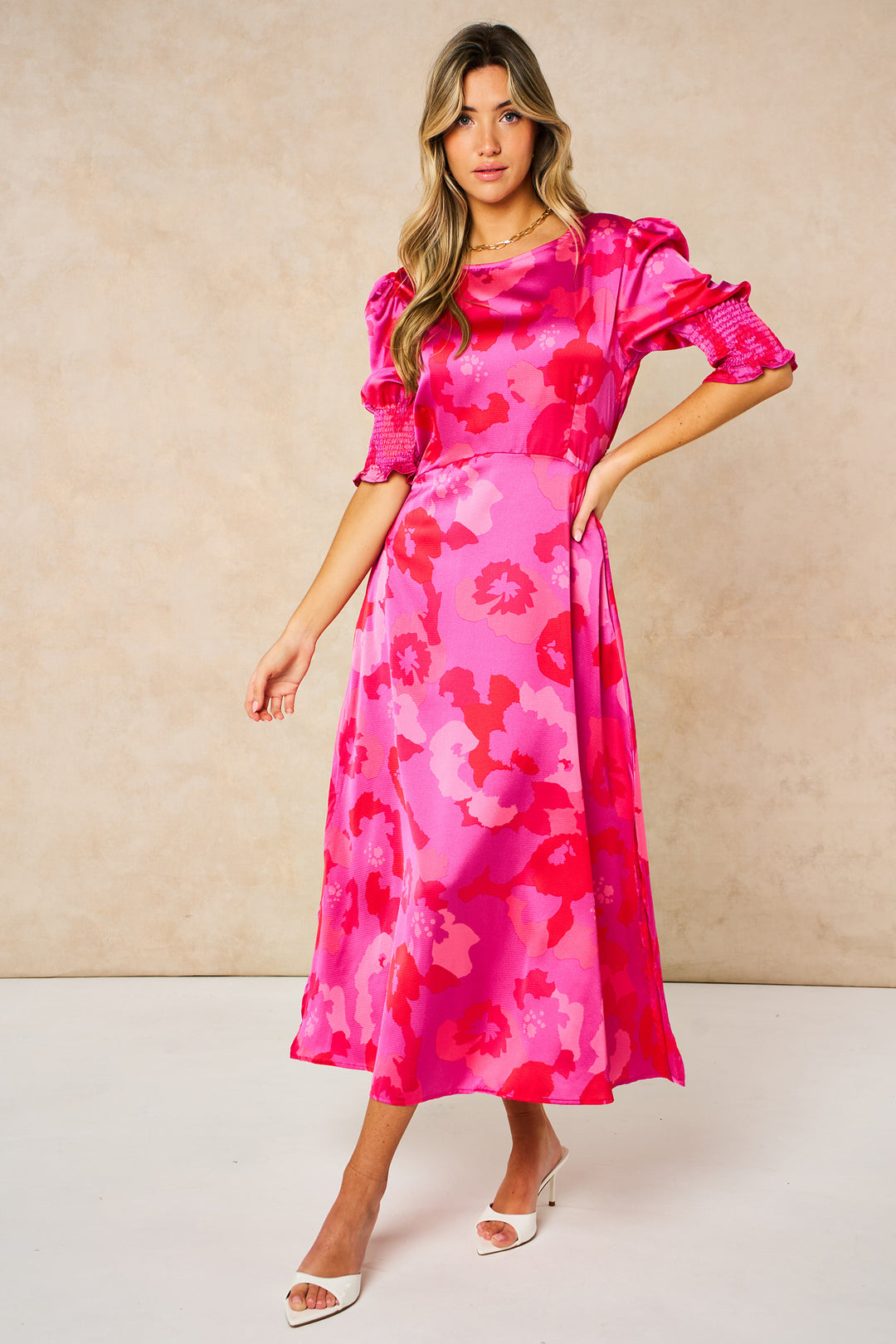 Floral-Midi-Tea-Dress-in-Hot-Pink-front