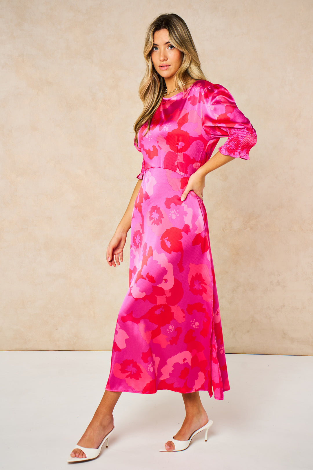 Floral-Midi-Tea-Dress-in-Hot-Pink-side-pose