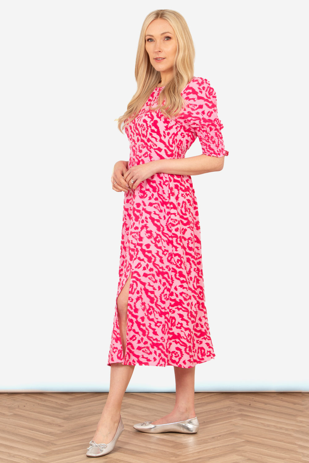 hazel-midi-tea-dress-pink-animal-print-side-split
