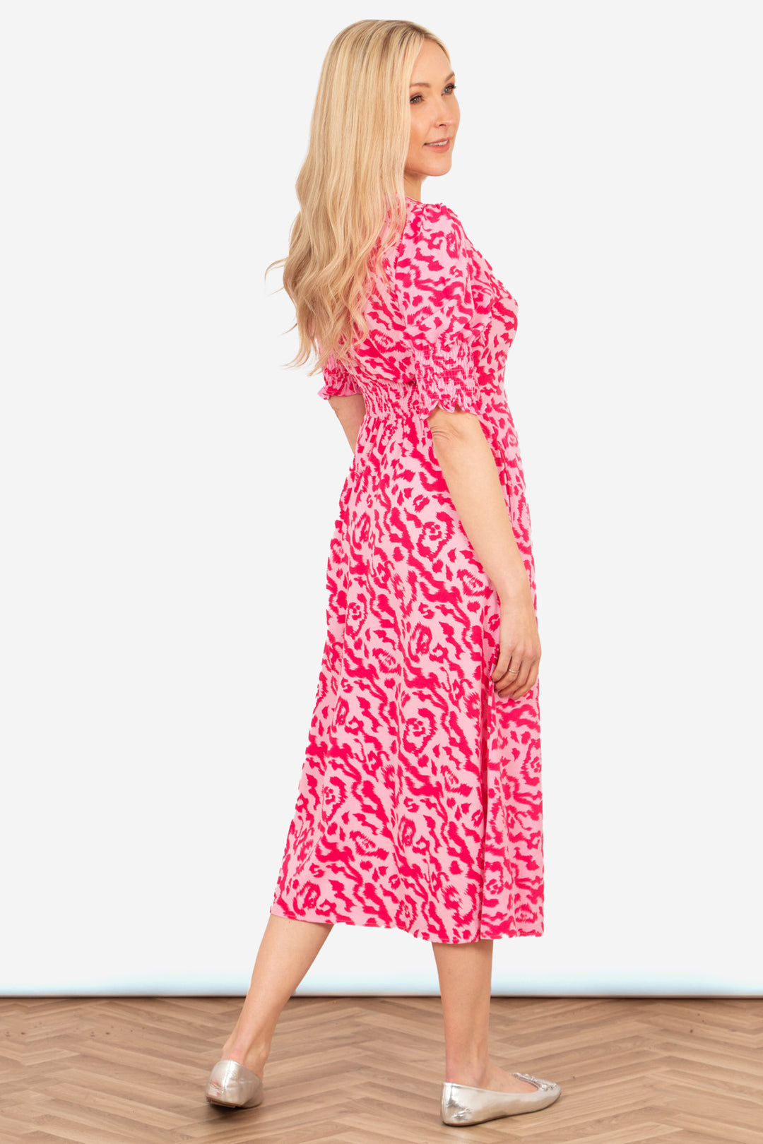hazel-midi-tea-dress-pink-animal-print-puff-sleeve